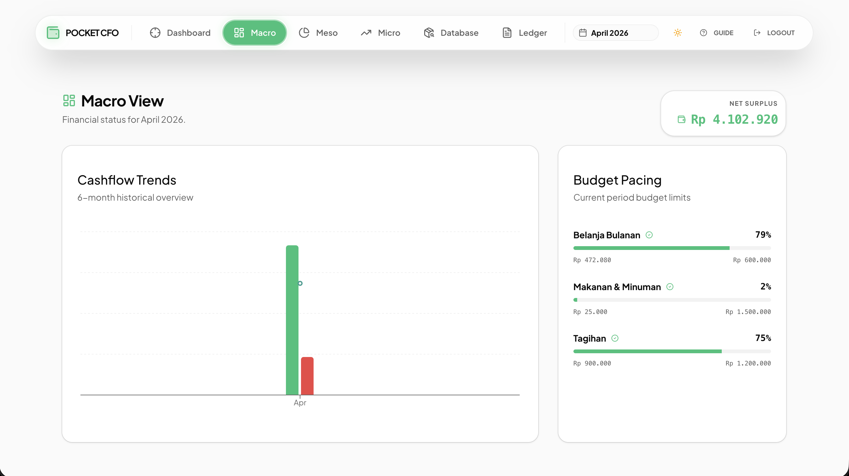Pocket CFO Dashboard Light Mode with Charts